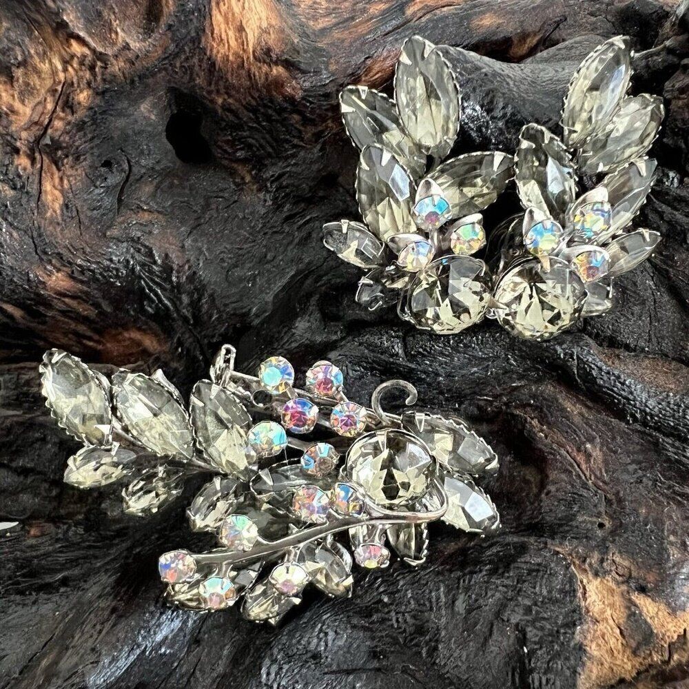 Vintage Aurora Borealis Set Rhinestone Clip Earrings + Brooch Smokey Gray